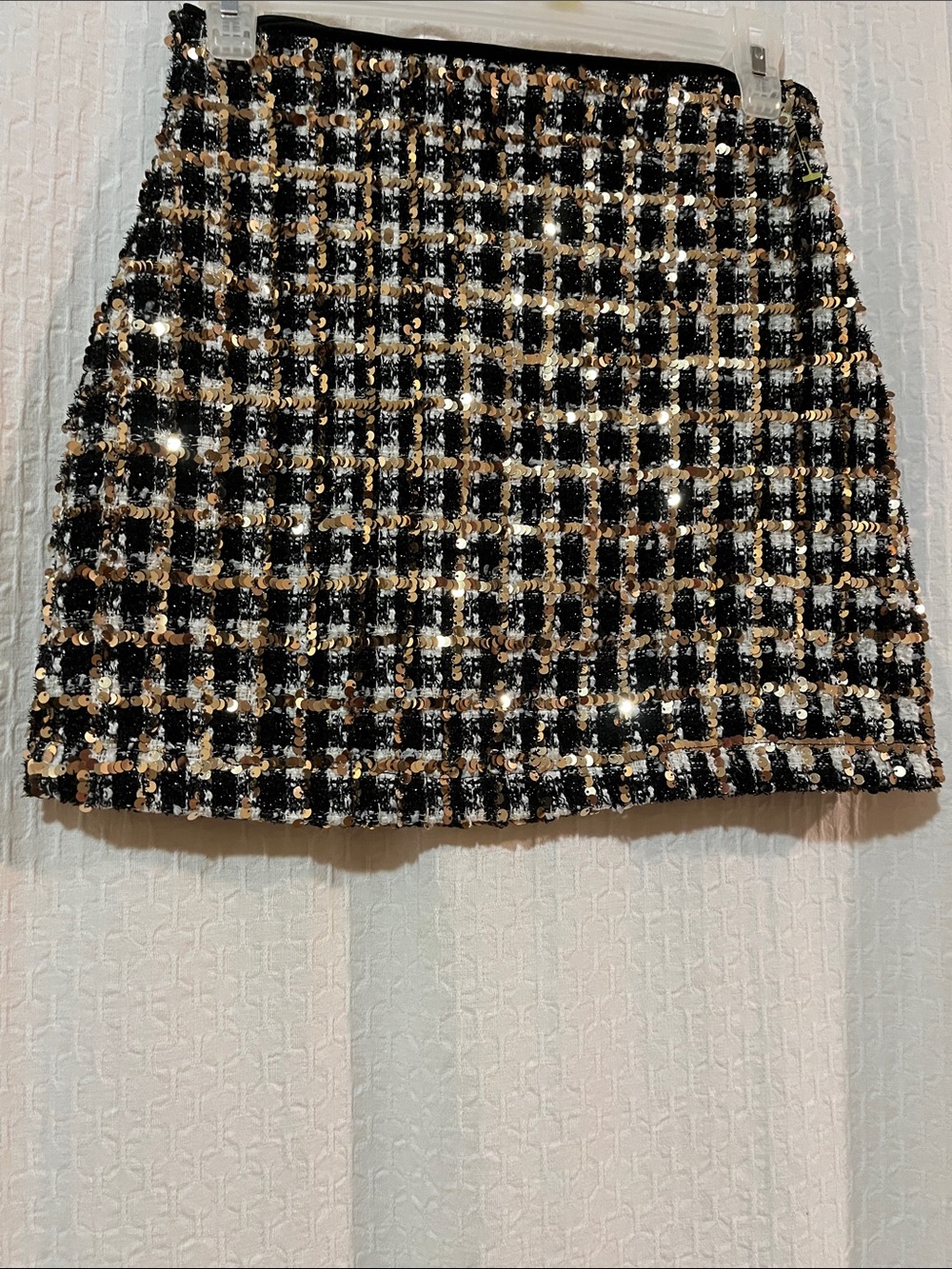 TWEEN DIVA MINI SKIRT/Gold Sequins Over Black White Plaid/ Girls 12/Women SM XSM - Picture 2 of 9